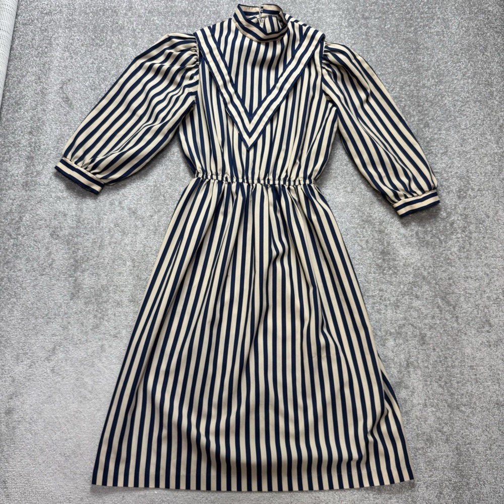 Vintage Act 1 I Striped Dress Medium? Navy Tan Prairie High Collar
